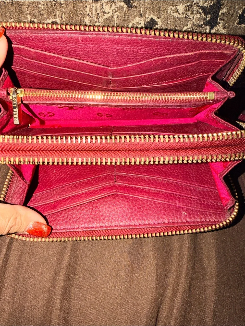 Tory Burch Fuchsia Pebbled Zip Wallet with Gold Logo. **See Call outs **